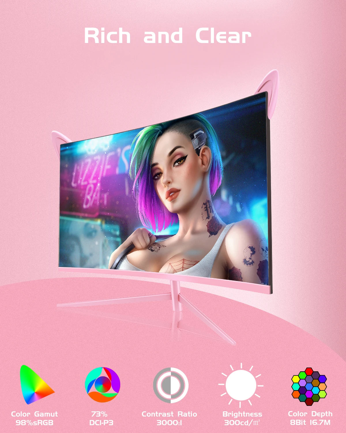 FYHXele 27inch Curved Pink Monitor QHD 165hz 1800R Gaming Display with Cat Ears