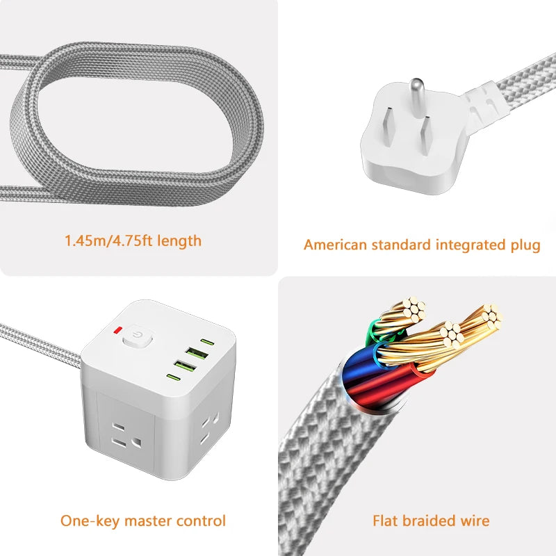 Small desktop power socket with wire length of 1.5m/5ft and 7-in-1 protection