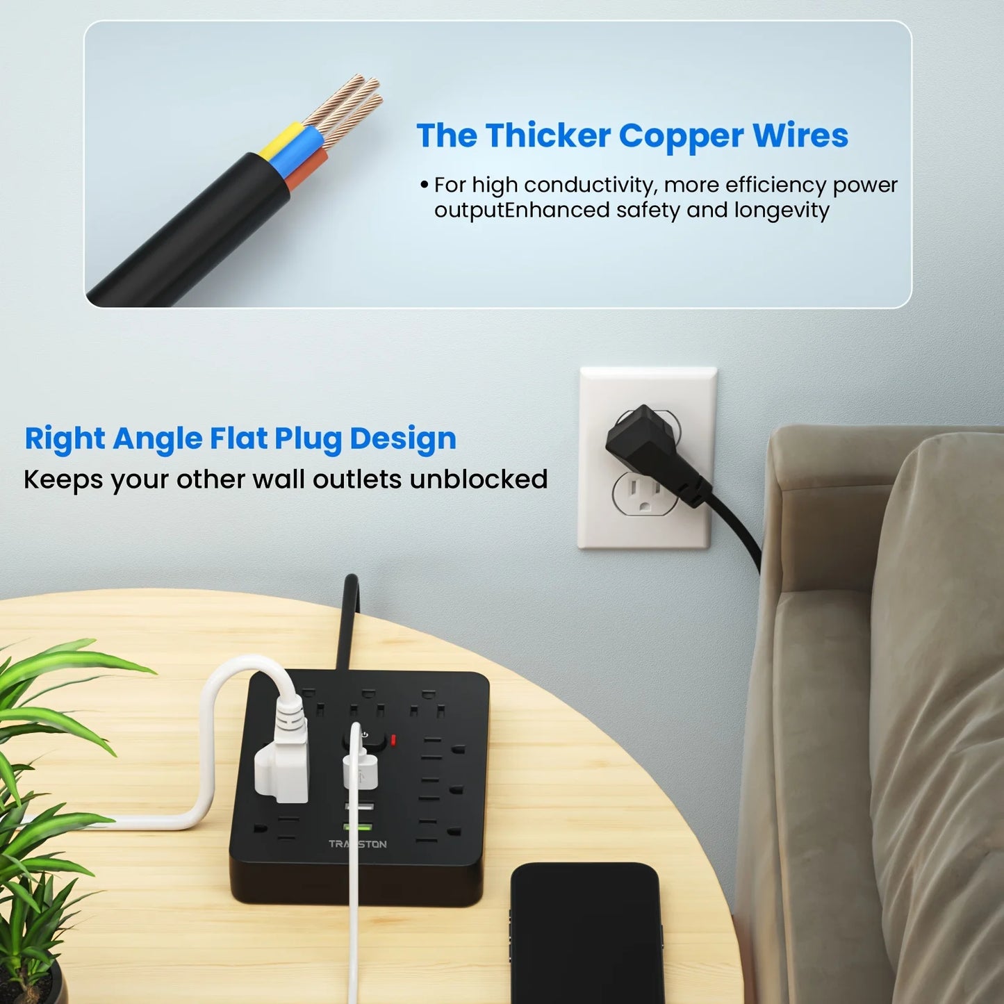 Power Outlet with Surge Protector, 9 sockets 3 USB Ports, 5ft Extension Cord