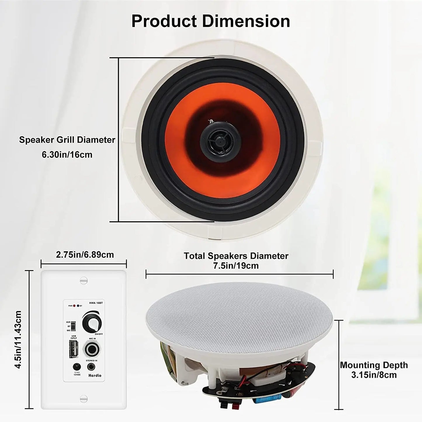 Herdio 6.5 Inch Wall/Ceiling Speakers with Bluetooth