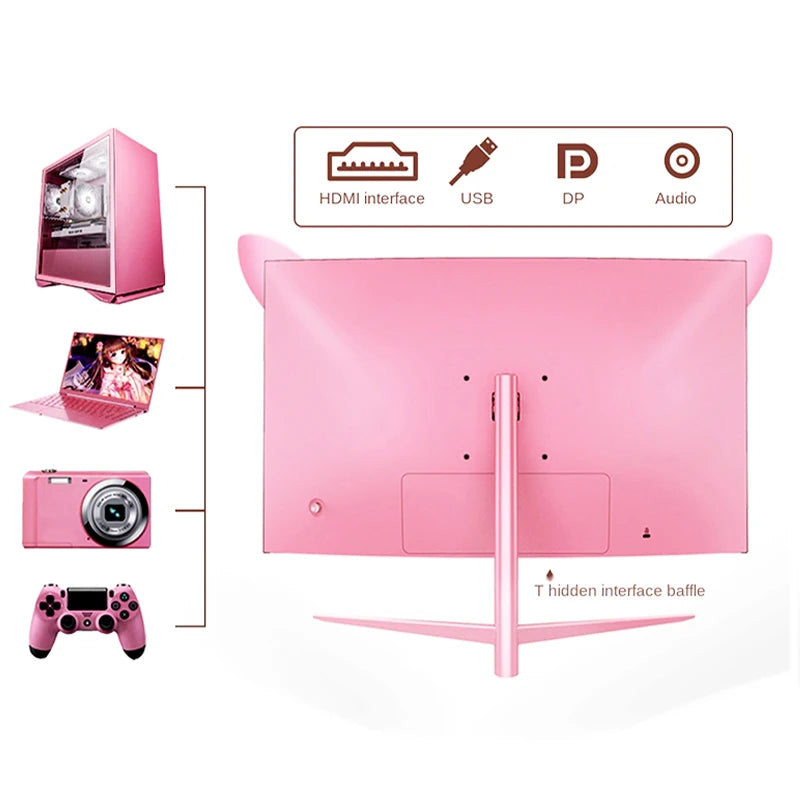FYHXele 27inch Curved Pink Monitor QHD 165hz 1800R Gaming Display with Cat Ears