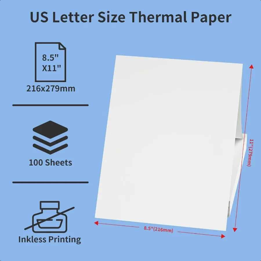 100 Sheets Thermal Printer Paper, 8.5 x 11 Inch