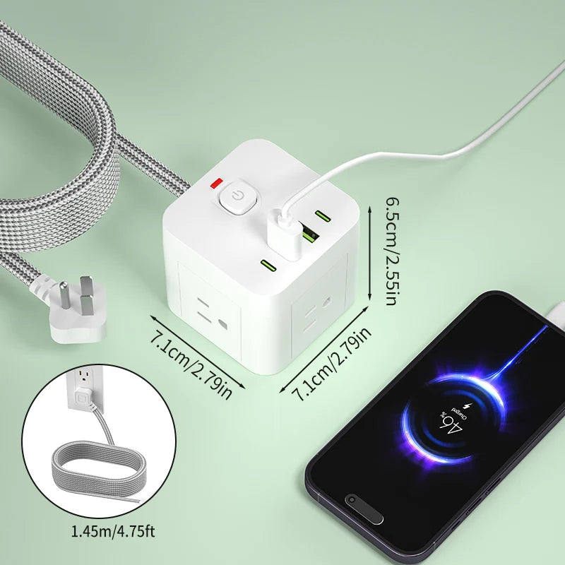Small desktop power socket with wire length of 1.5m/5ft and 7-in-1 protection