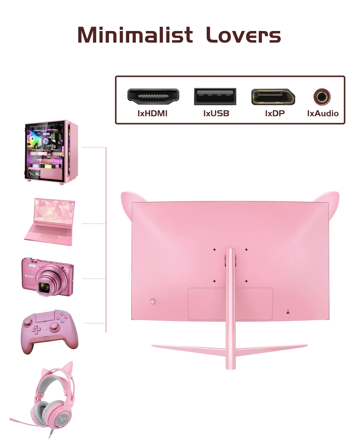 FYHXele 27inch Curved Pink Monitor QHD 165hz 1800R Gaming Display with Cat Ears
