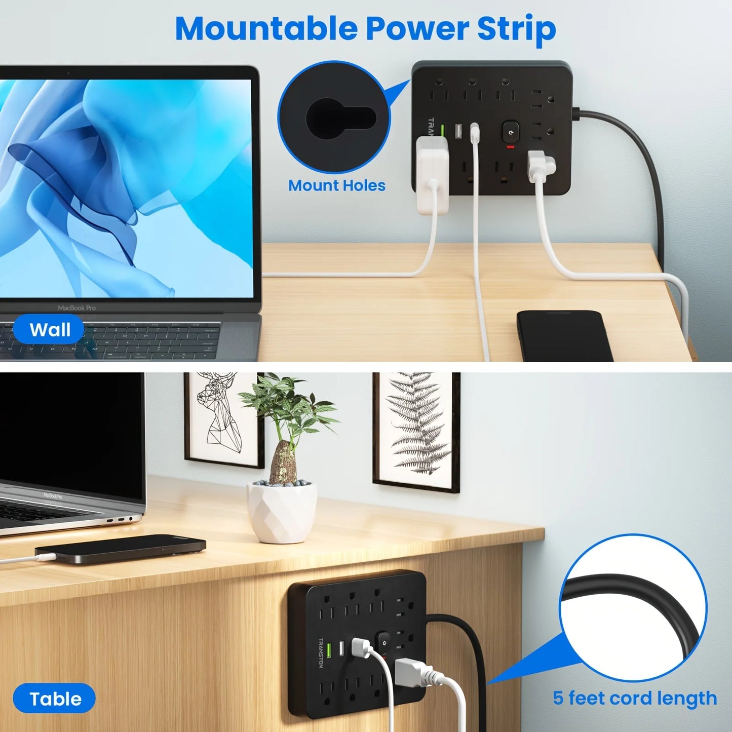 Power Outlet with Surge Protector, 9 sockets 3 USB Ports, 5ft Extension Cord