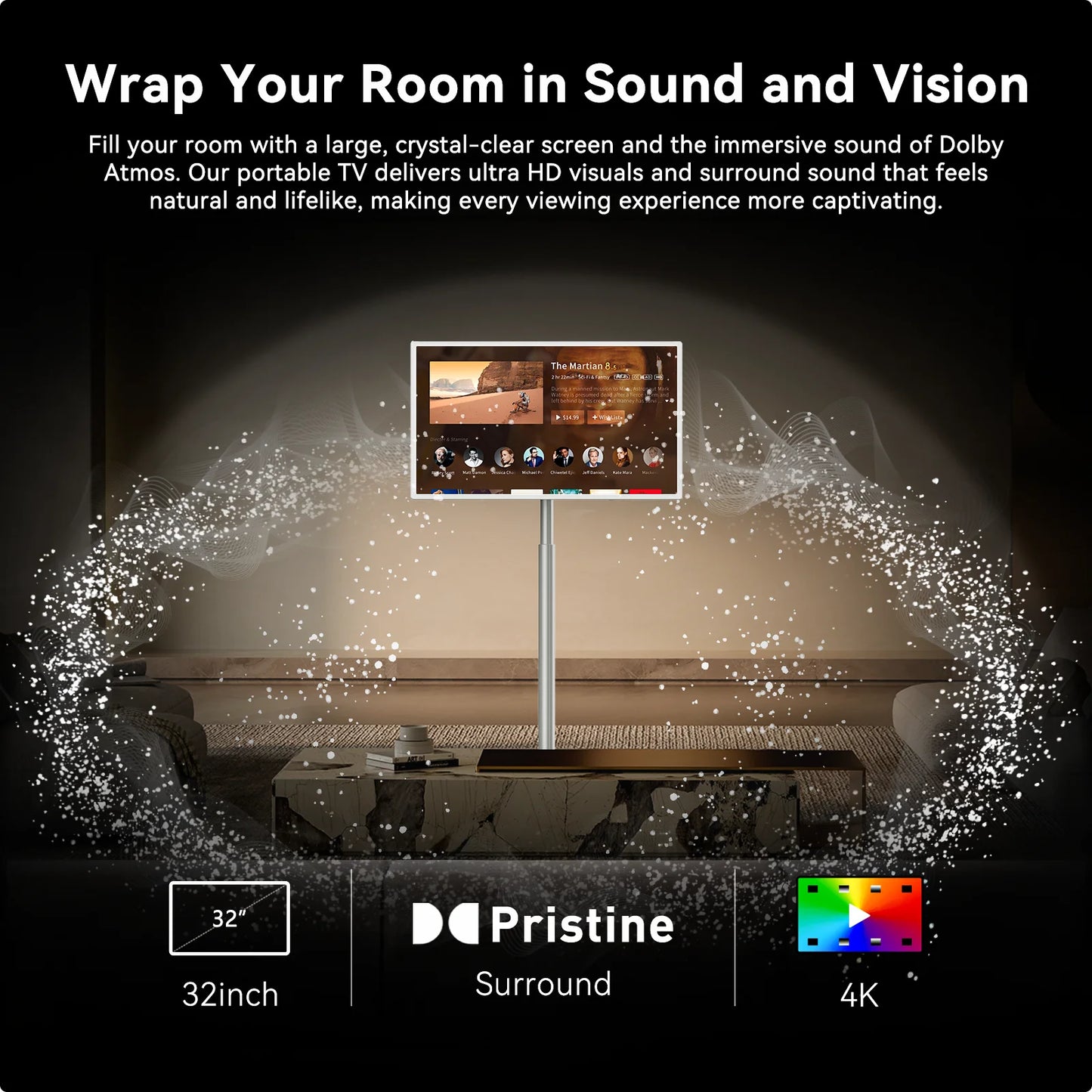 32" 4K Portable TV on Wheels with Touch Screen