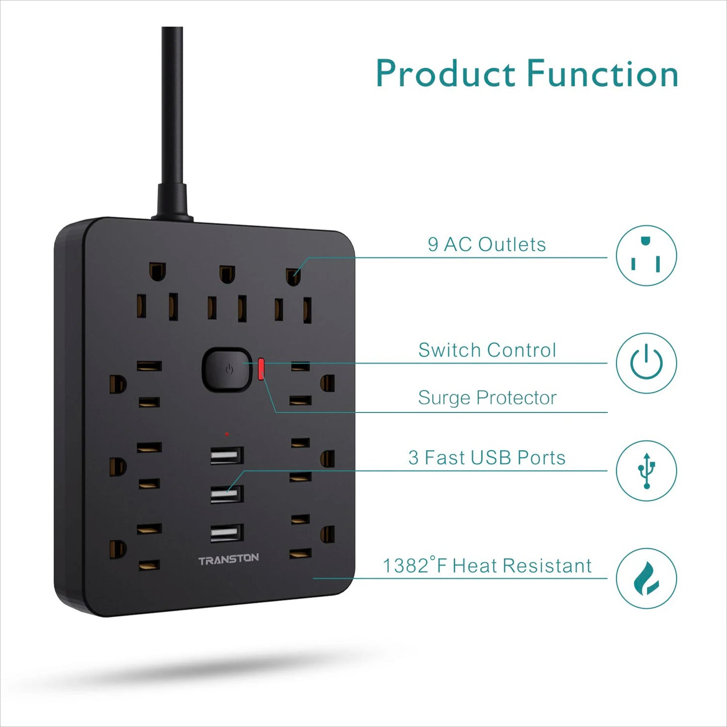 Power Outlet with Surge Protector, 9 sockets 3 USB Ports, 5ft Extension Cord