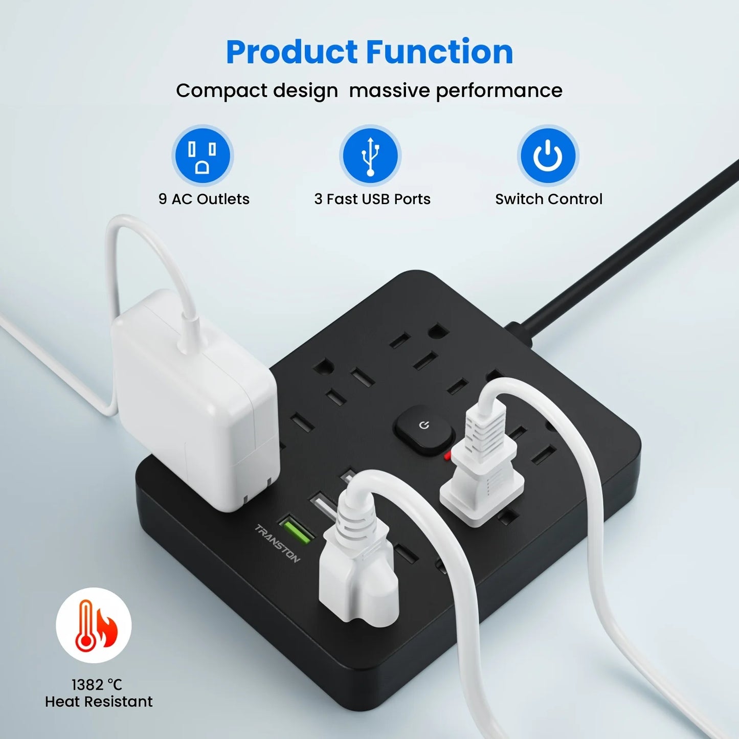 Power Outlet with Surge Protector, 9 sockets 3 USB Ports, 5ft Extension Cord
