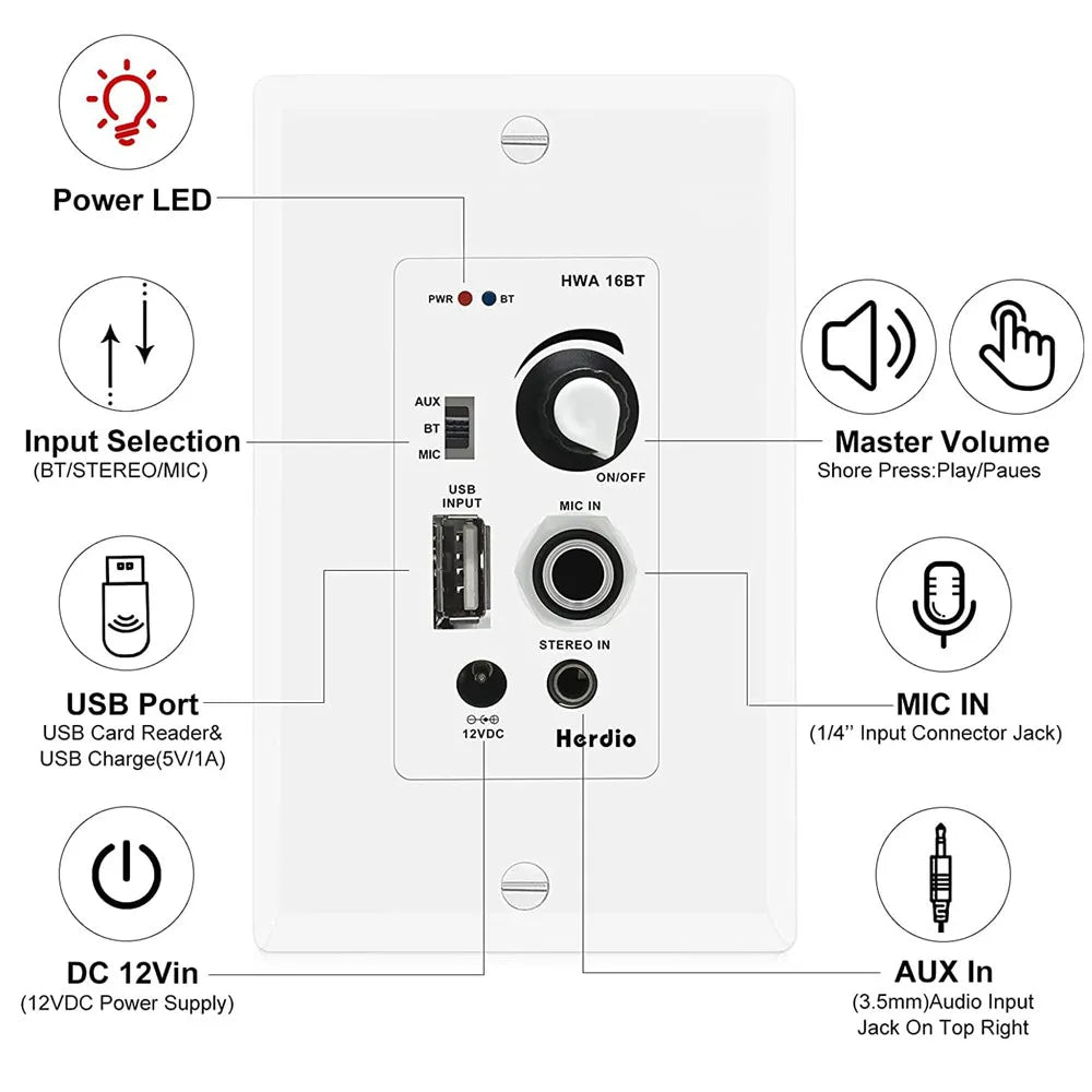 Herdio 6.5 Inch Wall/Ceiling Speakers with Bluetooth