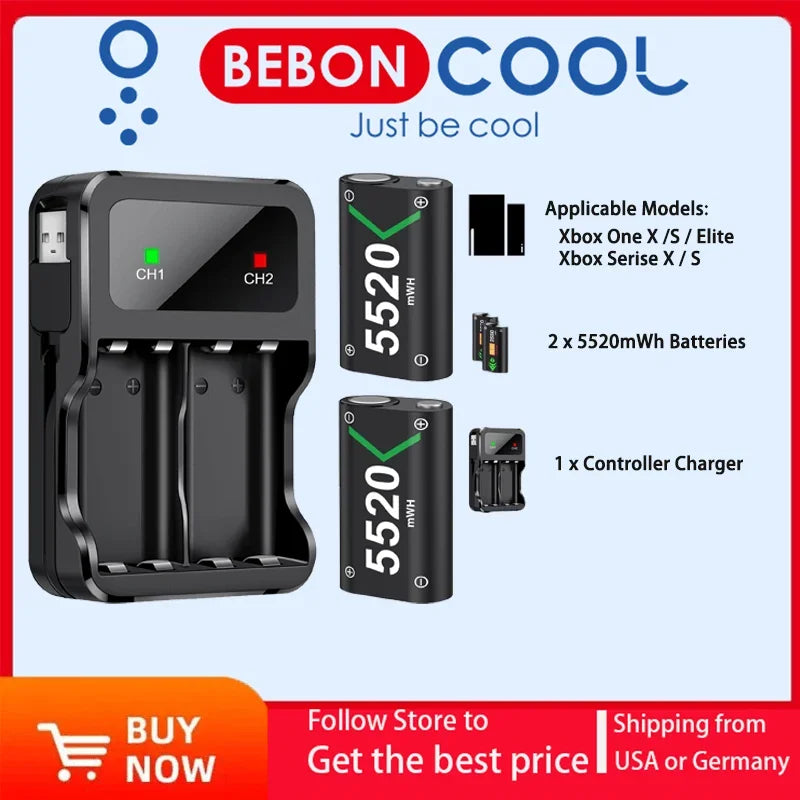 BEBONCOOL 2X5520 mWh Rechargeable Battery For XBOX Controller