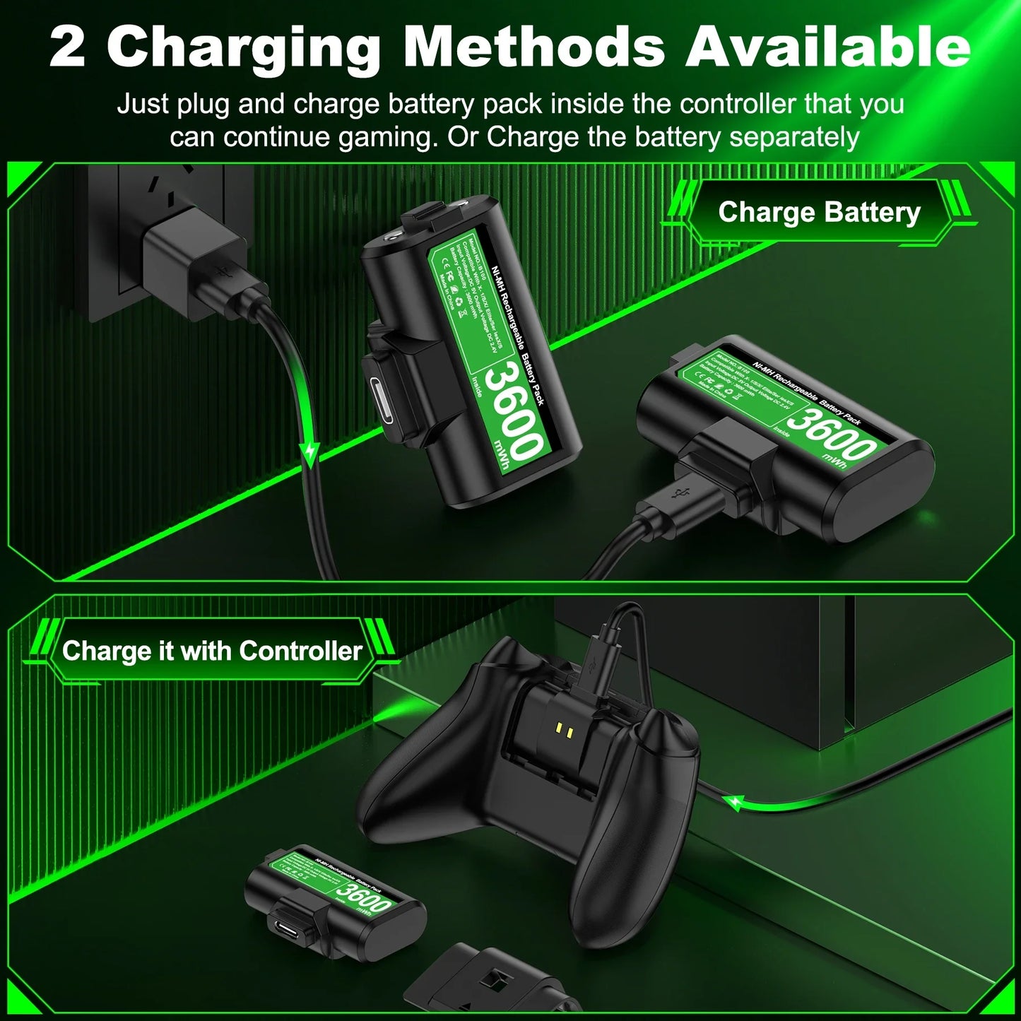 BEBONCOOL 2x3600 mWh Rechargeable Battery For XBOX One S/X Elite Xbox Series S / X