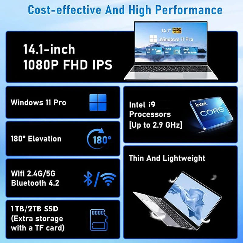 14.1 Inch Windows 11 i9 Gaming Laptop16GB RAM, 1TB or 2TB SSD