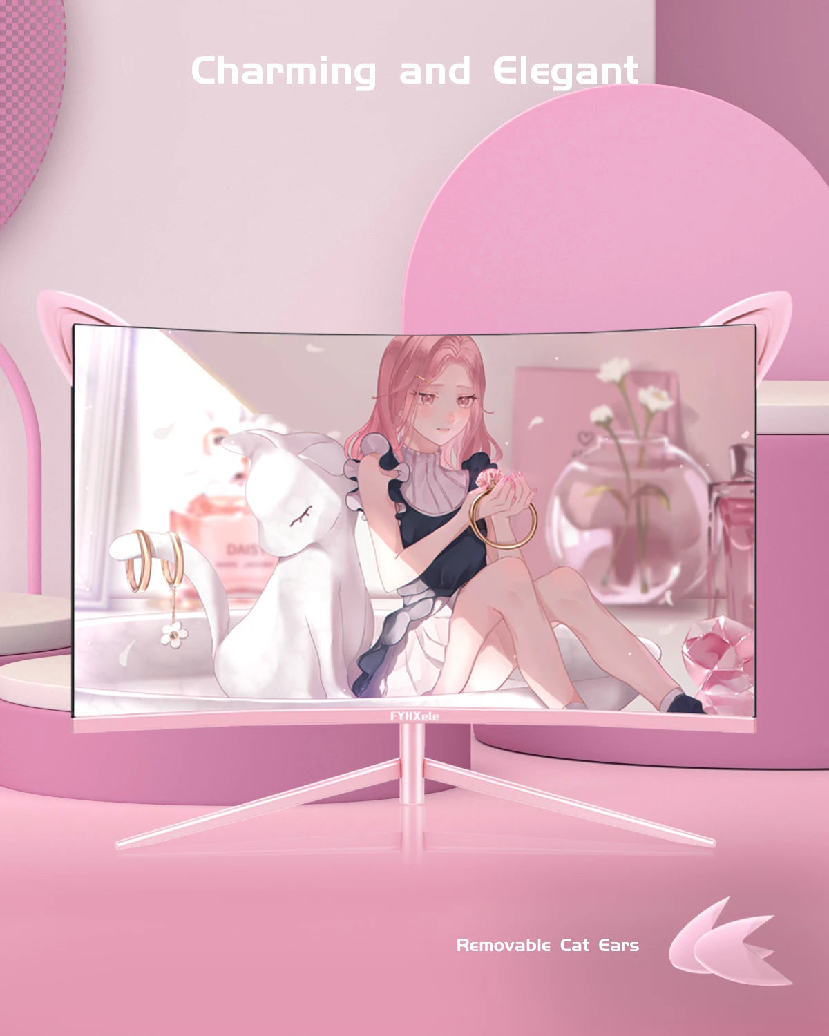 FYHXele 27inch Curved Pink Monitor QHD 165hz 1800R Gaming Display with Cat Ears