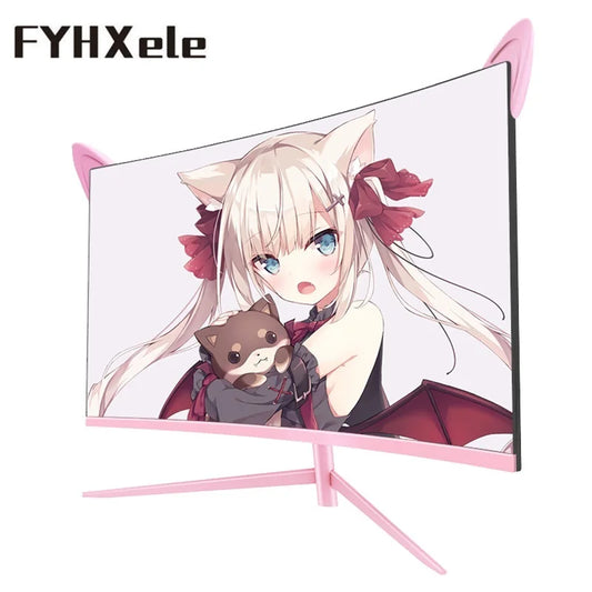 FYHXele 27inch Curved Pink Monitor QHD 165hz 1800R Gaming Display with Cat Ears