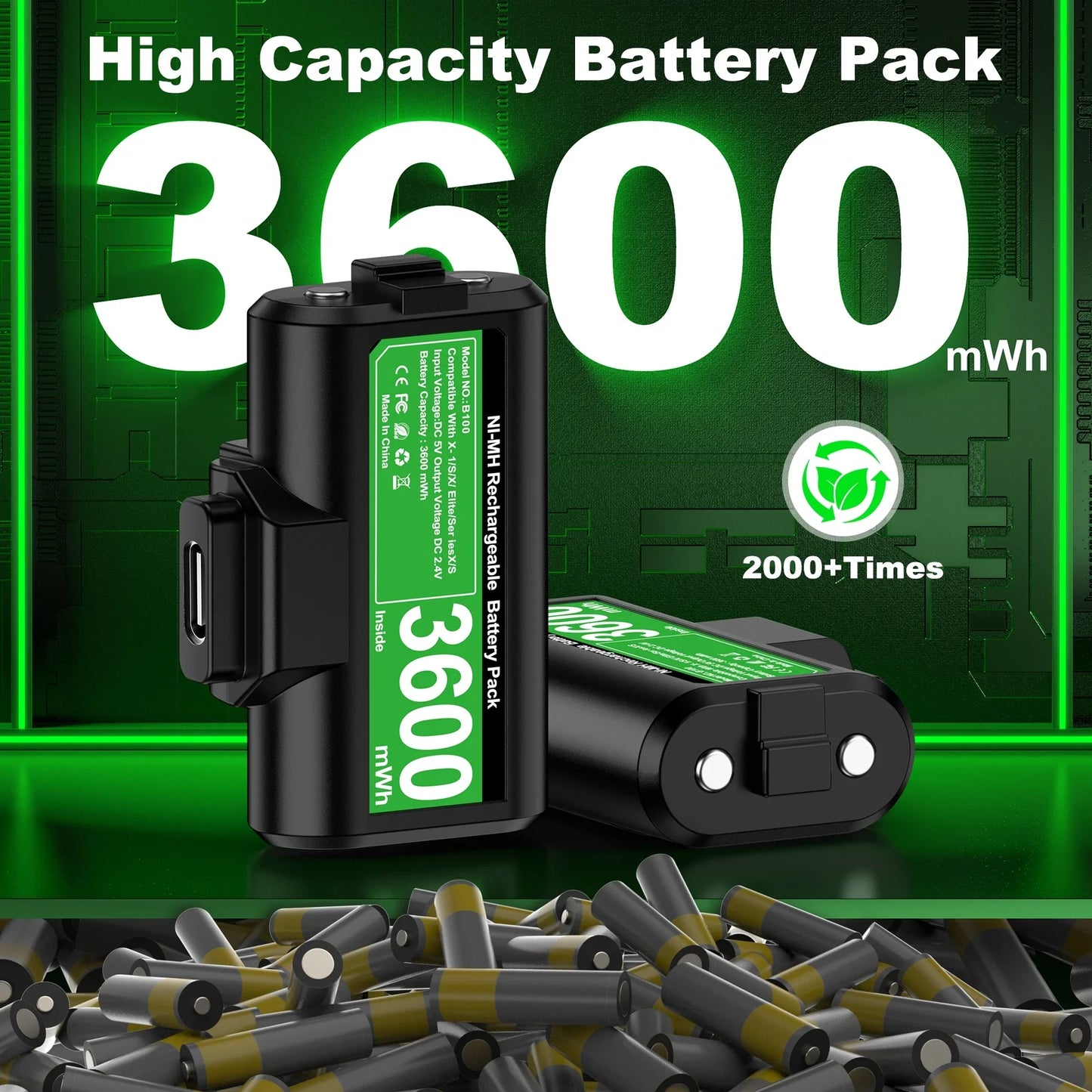 BEBONCOOL 2x3600 mWh Rechargeable Battery For XBOX One S/X Elite Xbox Series S / X