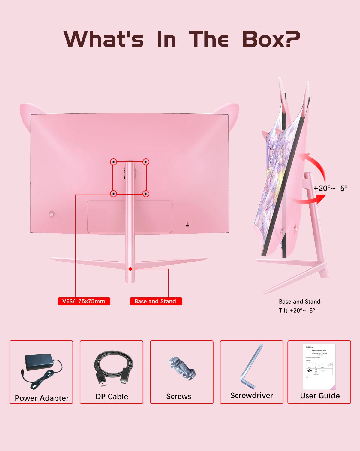 FYHXele 27inch Curved Pink Monitor QHD 165hz 1800R Gaming Display with Cat Ears