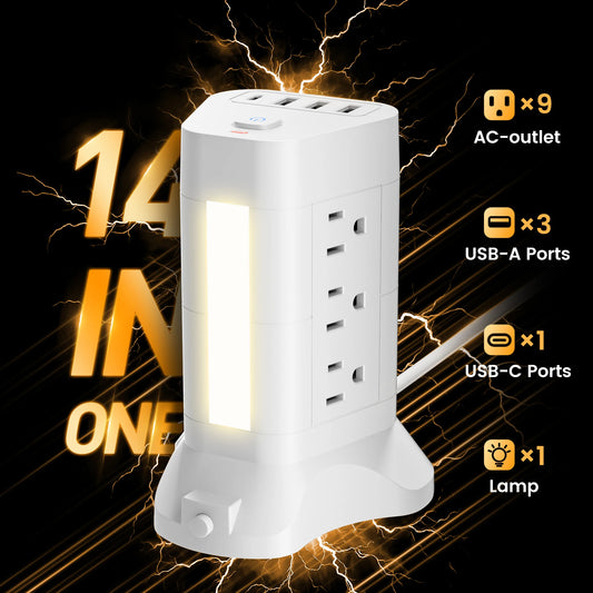 10Ft Extension Cord With 13 Outlets Surge Protector Tower